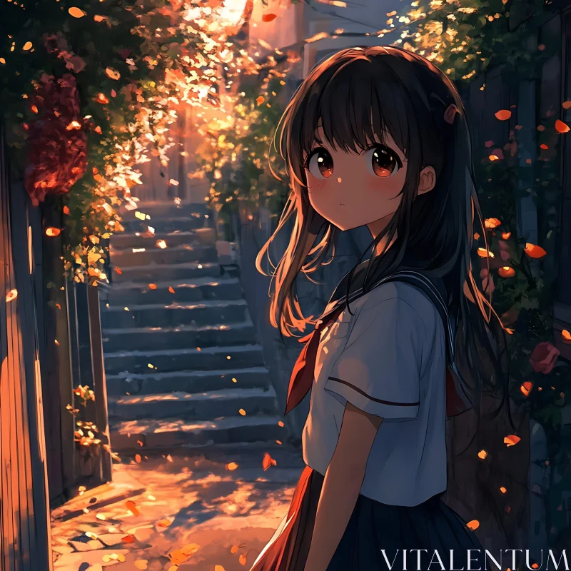 Anime Girl with Autumn Leaves and Sunlight AI Image