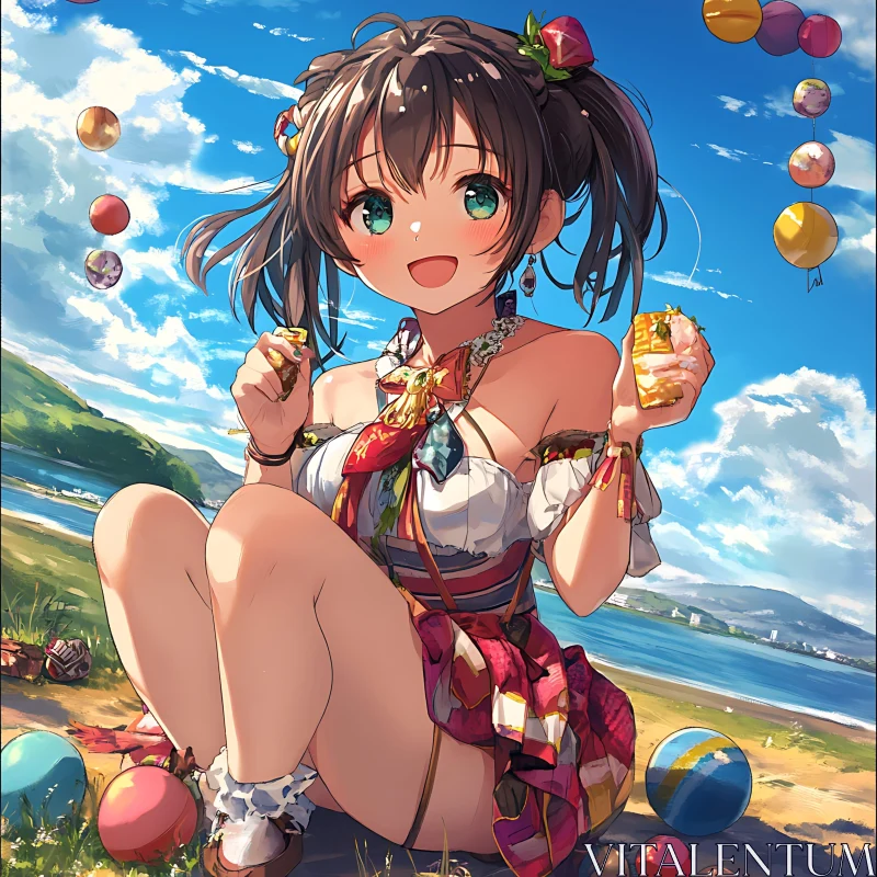 Anime Girl Having Fun at the Beach AI Image