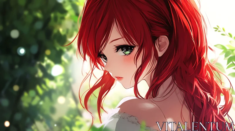 Anime Portrait of a Red-Haired Girl in a Garden AI Image