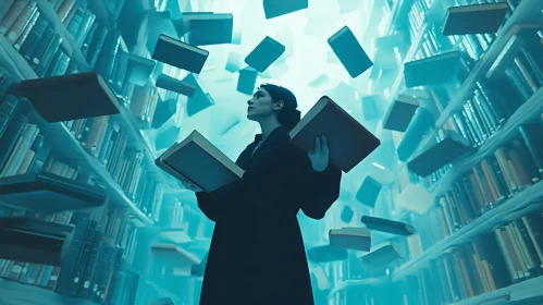 Ethereal Library Scene with Reading Woman