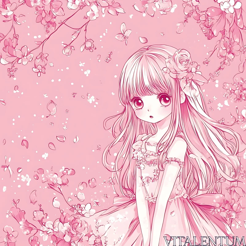 Pastel Pink Anime Art with Blossoming Flowers AI Image