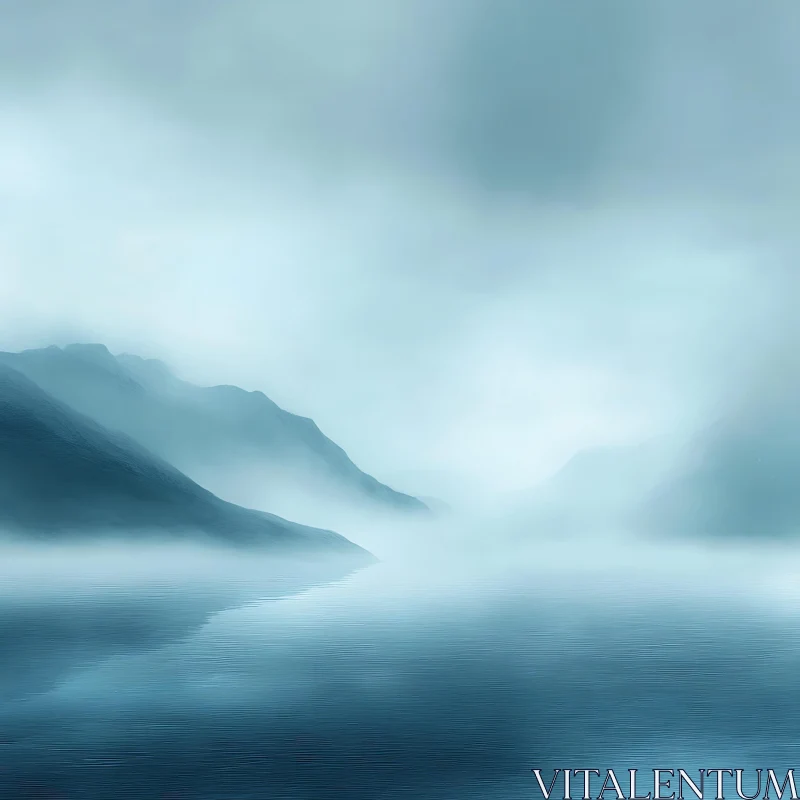 Misty Mountain Serenity in Blue AI Image