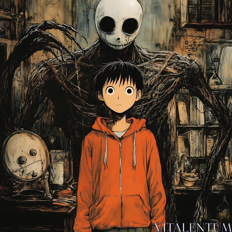 Spooky Anime Art: Boy with Masked Entity AI Image