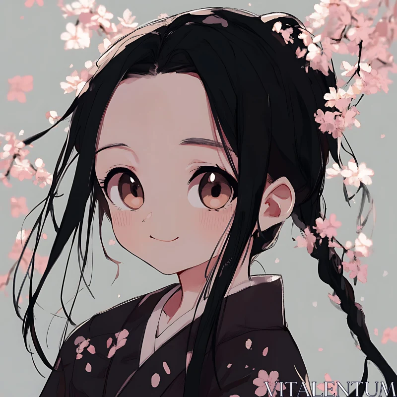 Anime Girl with Cherry Blossom Adorned Hair AI Image