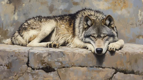 Restful Wolf on Stone Ledge