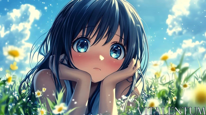 Anime Girl with Expressive Eyes in Flower Field AI Image