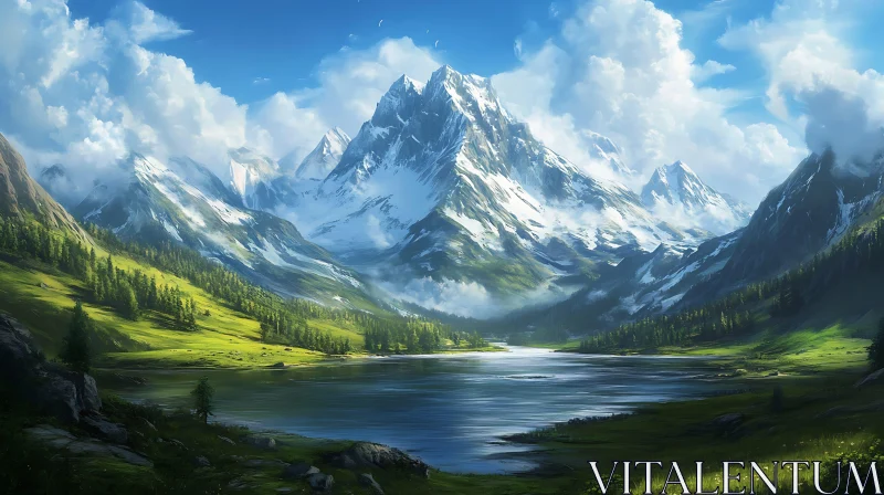 Snowy Peaks and Green Valley AI Image