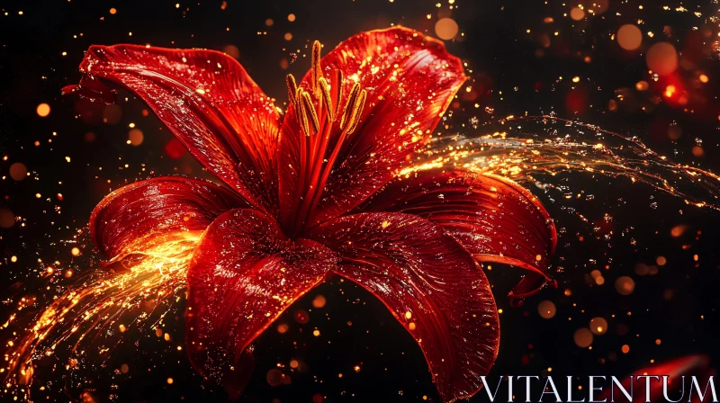 AI ART Illuminated Red Lily with Golden Particles