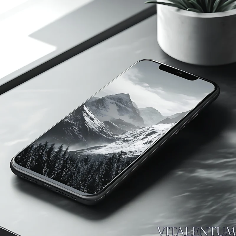 AI ART Monochrome Mountain View on Mobile Screen