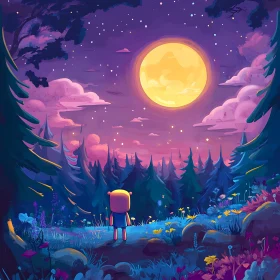 Cartoon Character in Moonlit Forest