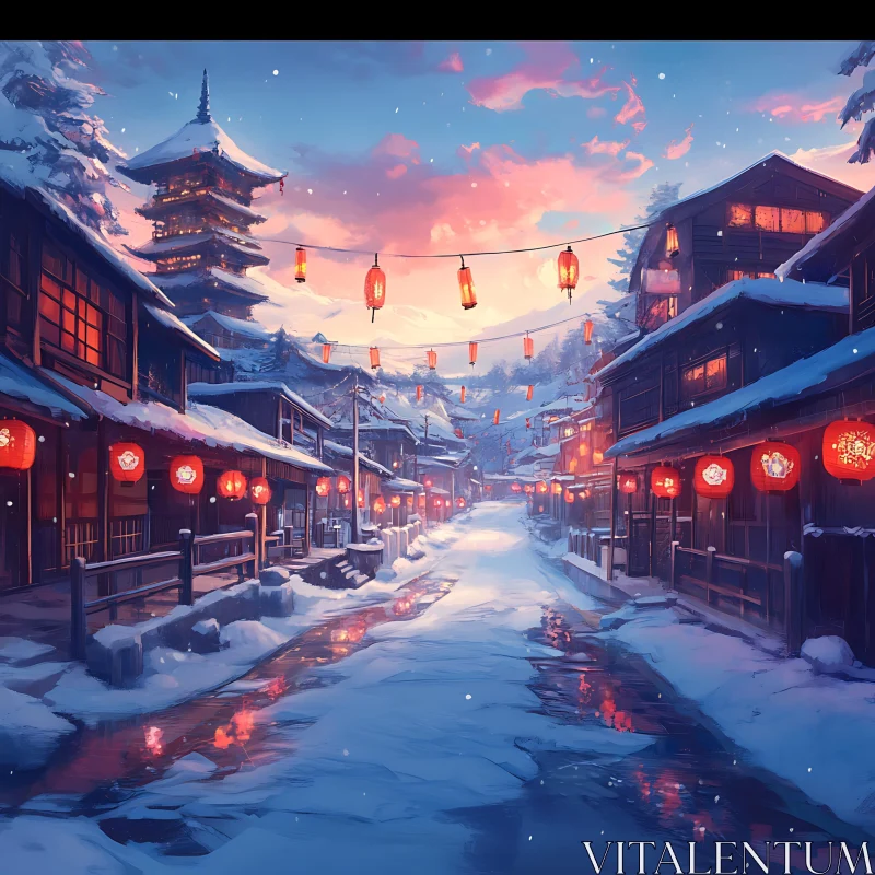 Snow-Covered Japanese Village at Dusk AI Image