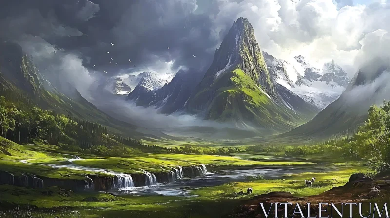 Lush Green Valley with Snow Mountains AI Image