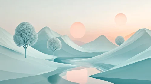 Dreamlike Pastel Landscape with Double Suns