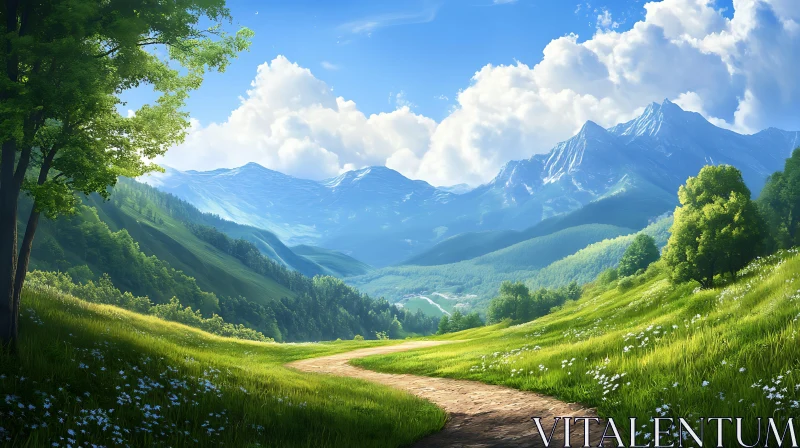 Green Meadow and Mountain View AI Image