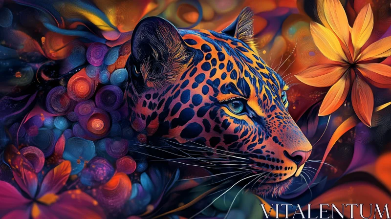 Colorful Feline with Botanical Art AI Image