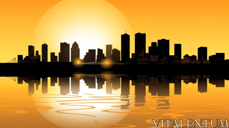 Sunset City Silhouette Reflected on Water - A Prairiecore Inspiration AI Image