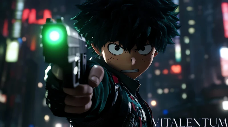 Anime Character with Green Light Gun AI Image