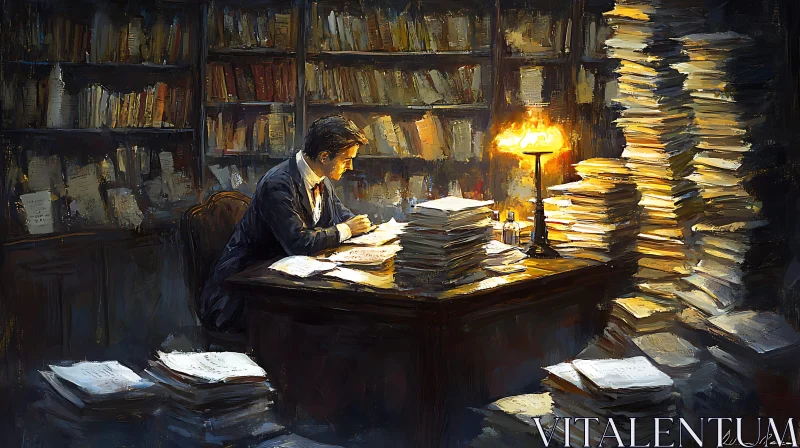 AI ART Man Studying in Library Oil Painting