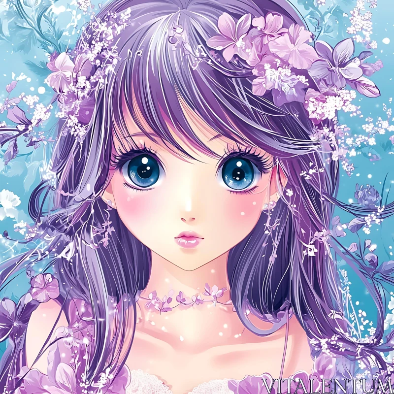 AI ART Anime Girl with Flowing Purple Hair and Flowers