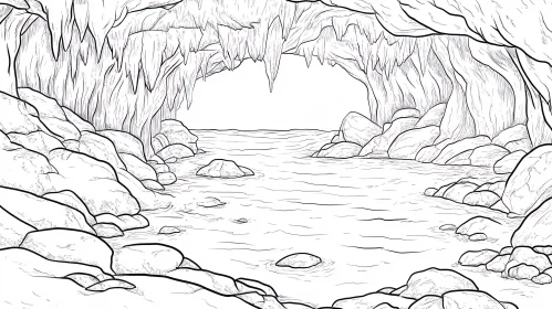 Monochrome Cave Interior with Water and Rocks