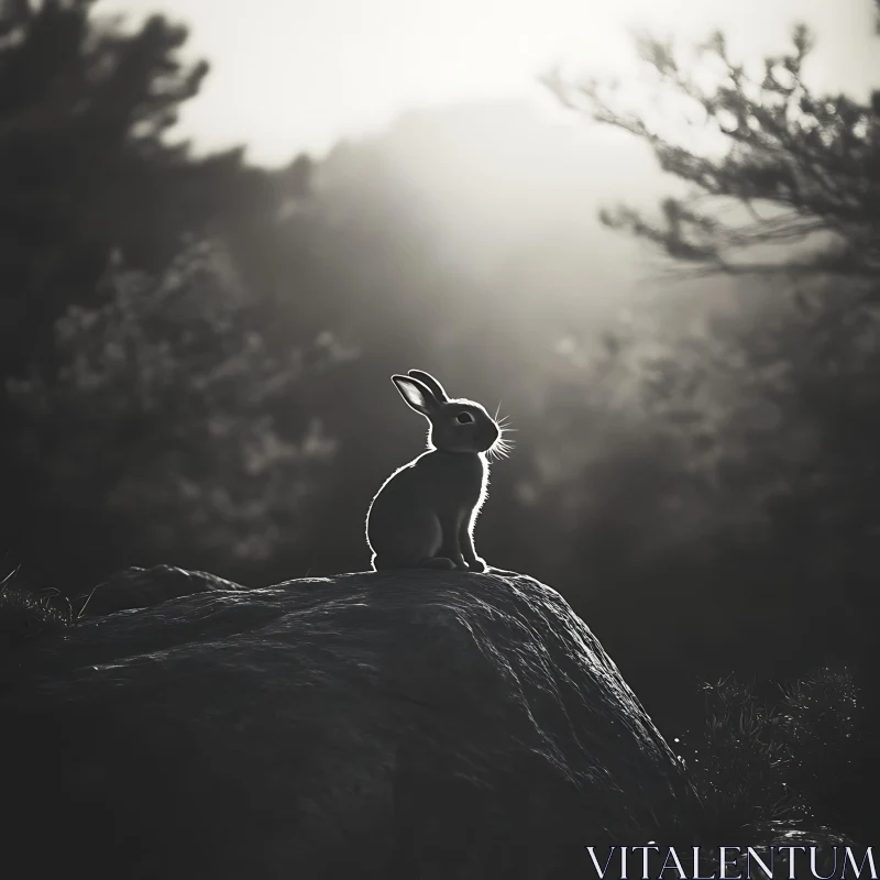 AI ART Monochrome Rabbit Portrait on Rock