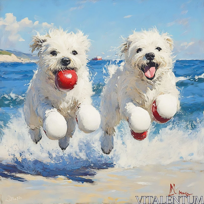 Playful Puppies on the Seashore AI Image