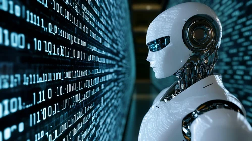 Futuristic Robot Contemplates Digital Data