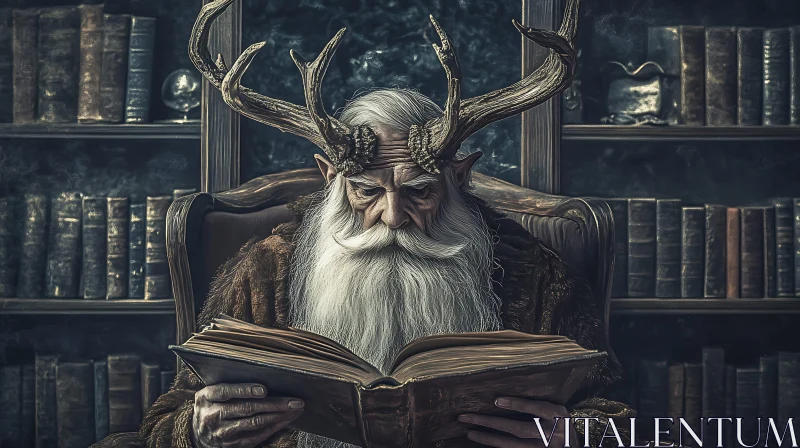 Antlered Sage Lost in Library Book AI Image