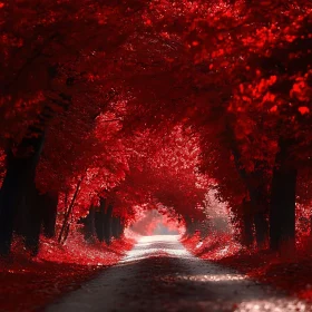 Serene Forest Path Under Red Leaves