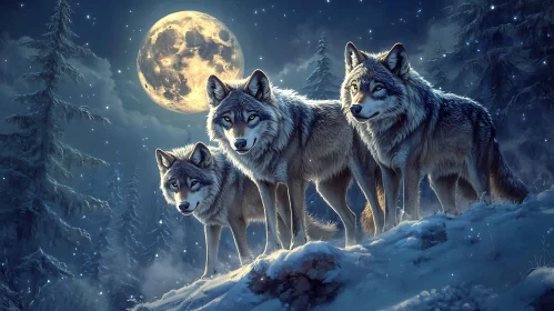 Nocturnal Pack: Wolves and Moon