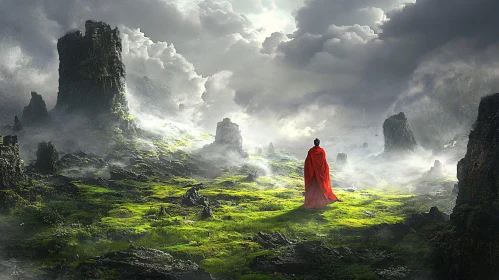 Red Cloak in Foggy Landscape