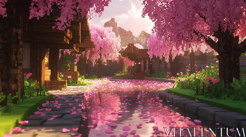 Idyllic Pixel Art Cherry Blossom River Scene AI Image