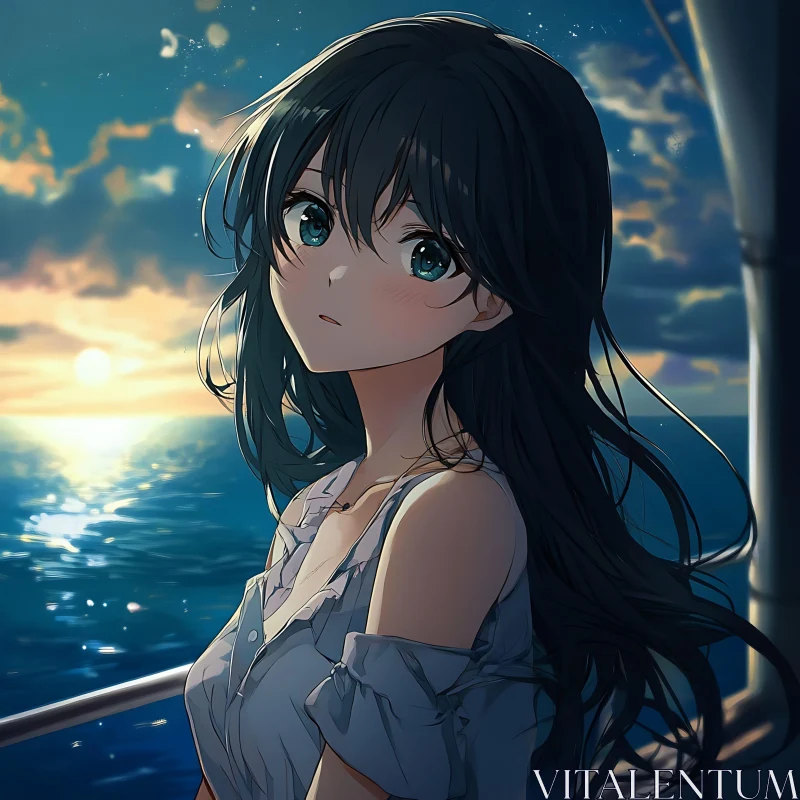 Anime Girl Gazing at Sunset Ocean AI Image