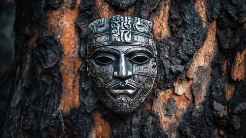 Ornate Silver Mask on Tree Trunk