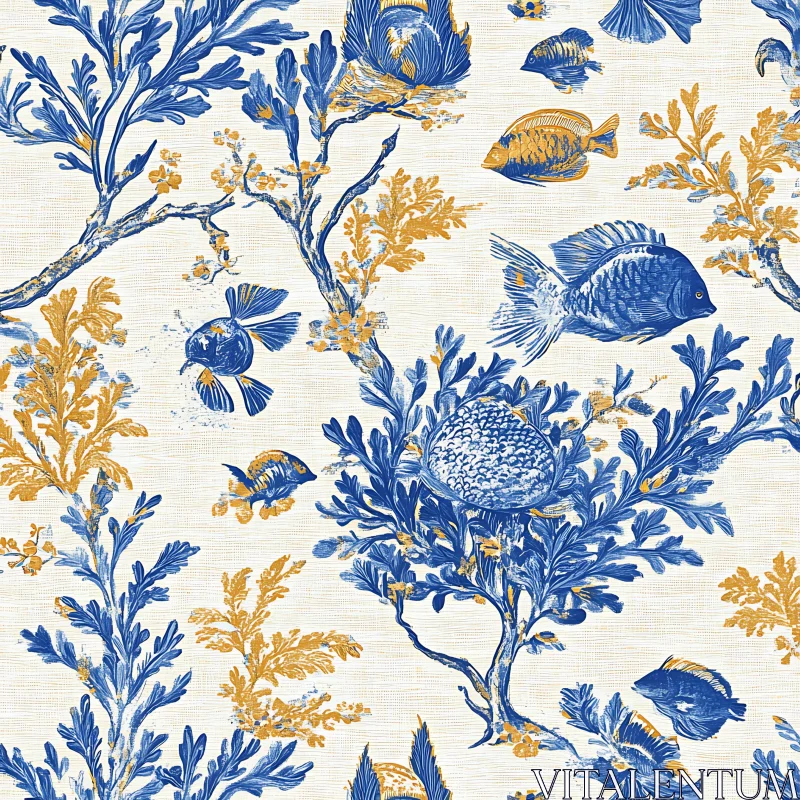 AI ART Blue and Gold Aquatic Botanical Design