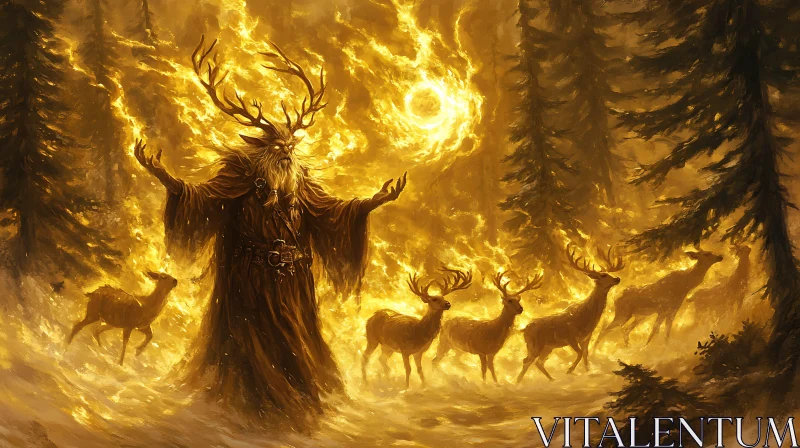 Golden Forest with Mythical Creature AI Image