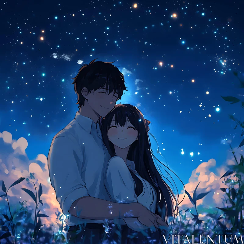 Loving Embrace in Anime Night Sky AI Image