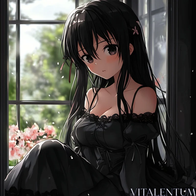 Contemplative Anime Girl with Long Black Hair AI Image