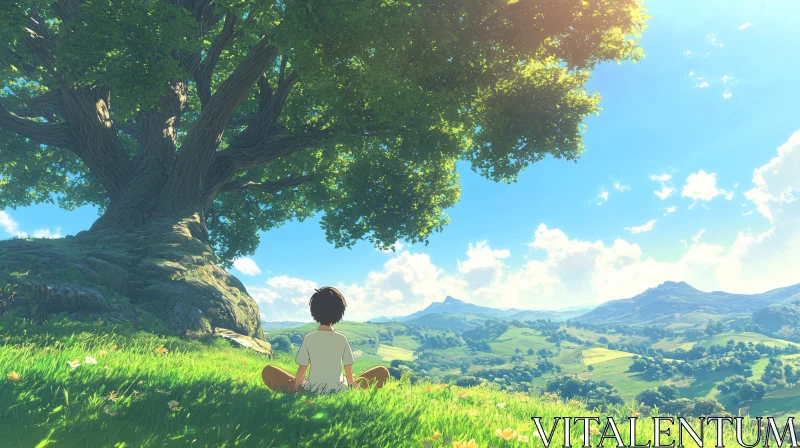 AI ART Peaceful Landscape with Boy and Tree Under Sunny Sky