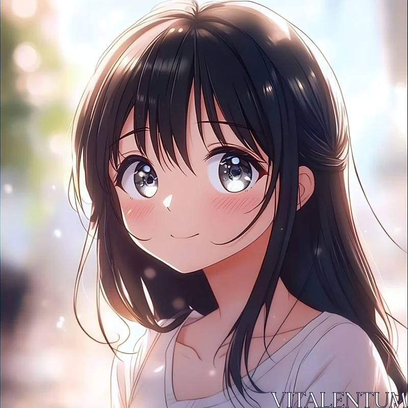 Anime Girl with Long Dark Hair and Blushed Cheeks AI Image