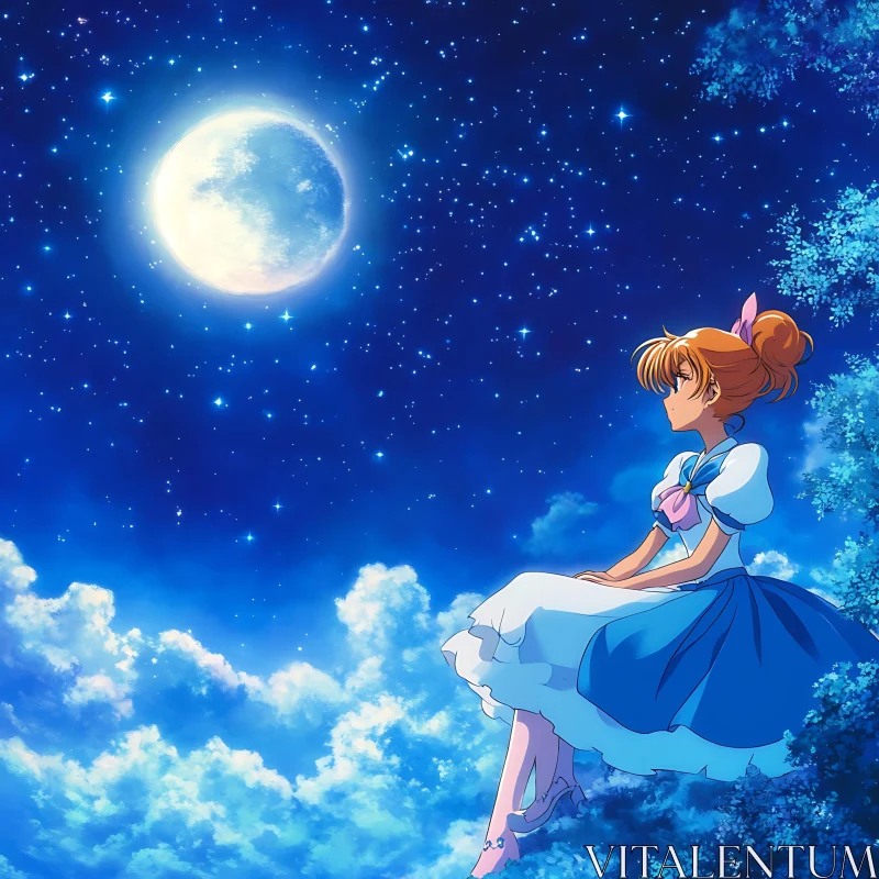 Anime Girl in Moonlit Sky AI Image