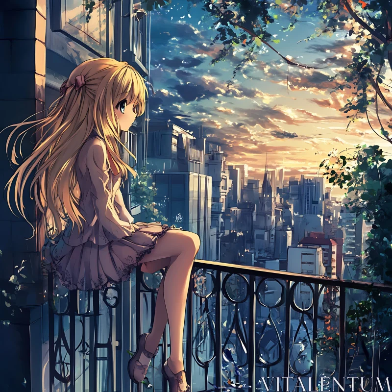 Thoughtful Anime Girl at Sunset AI Image