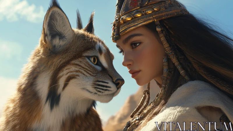 Lynx and Woman Face to Face AI Image