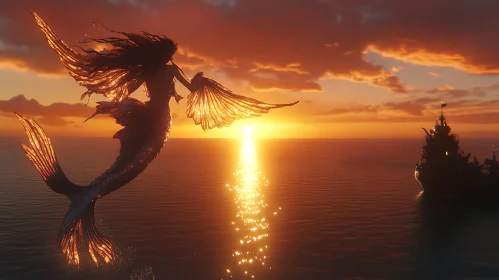 Winged Mermaid at Sunset