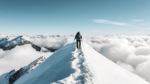 Hiker on a Snowy Mountain Ridge