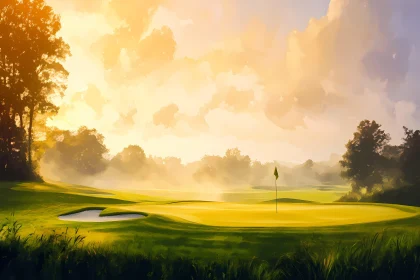 Stunning Sunset Over a Lush Golf Course , AI