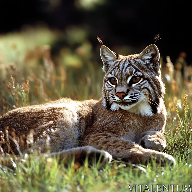 Wildcat Lounging in Grassy Field AI Image