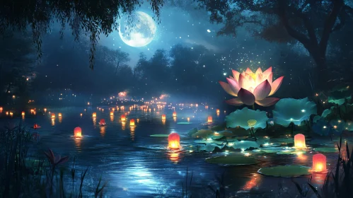 Serene Night by the Lantern-Lit Lake