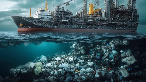 Ocean Plastic Waste Beneath Cargo Ship