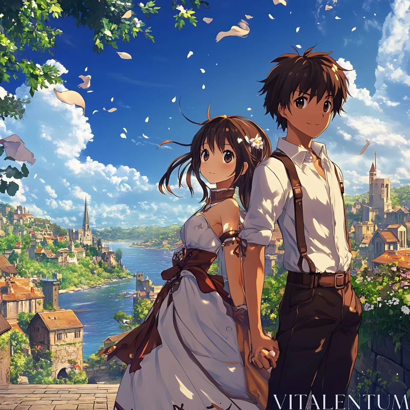 Anime Couple in Beautiful Village Setting AI Image